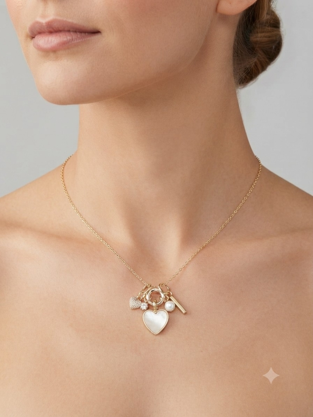 Gold Heart Charm Necklace with Mother-of-Pearl and Pearl Accent
